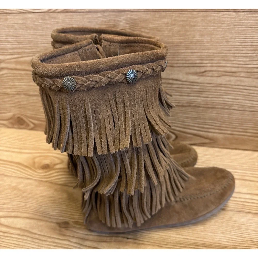 Minnetonka 3 Layer Triple Fringe Boot Moccasins Youth Sz 3 Brown Leather